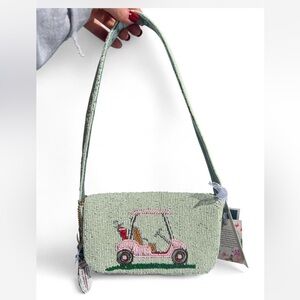 Mint Green Golf Cart Beaded Shoulder Bag w/ Golf Clubs Bag Charm Made in India